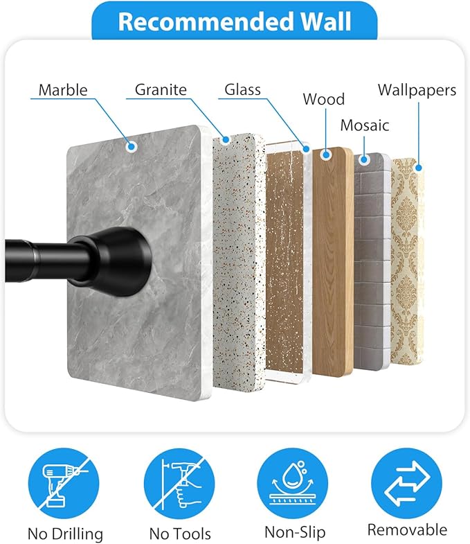 Spring Tension Curtain Rod 30 to 64 Inch, Adjustable Curtain Rods No Drilling Spring Loaded Curtain Rods for Windows Doors Kitchen Closet, Black