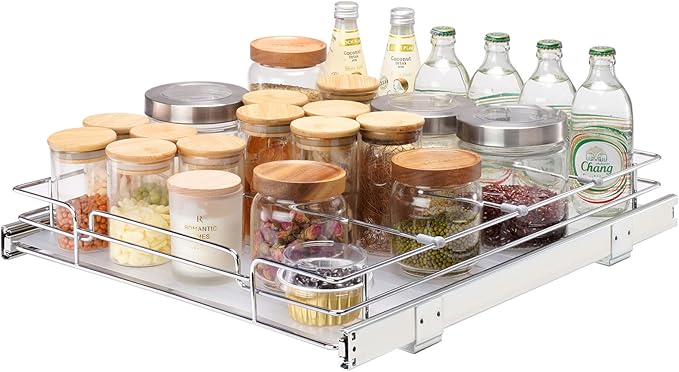 VEVOR 18.5"Wx21"Dx3.5"H Pull Out Cabinet Organizer, Heavy Duty Slide Out Pantry Shelves, Chrome-Plated Steel Roll Out Drawer, Drawer Storage for Home Under Sink, 20"Wx22"Dx7"H Install Size for Cabinet