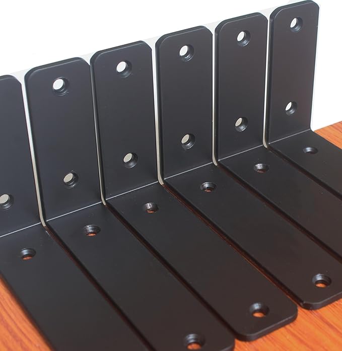 6 Pack - L 6" x H 4" x W1.5, 5mm Thick Black L Shelf Bracket, Iron Shelf Brackets, Metal Shelf Brackets, Floating Shelf, Shelf Supports with Screws