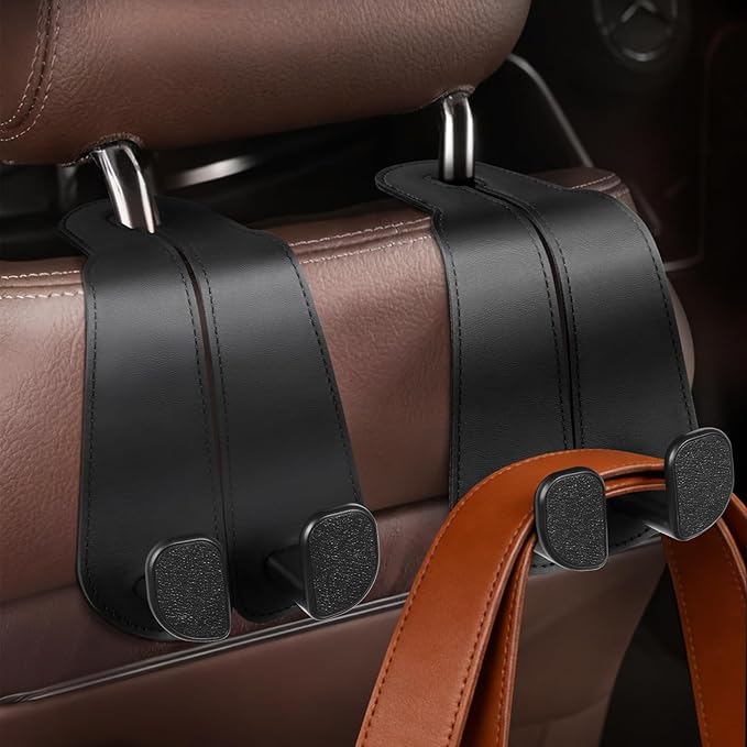 CoBak Extra Wide Car Seat Back Hooks, Premium Stitched Leather Headrest Hangers with Wide Slot Structure, Universal for Any-Width Purses, Handbags, Bags (2 Pack), Black