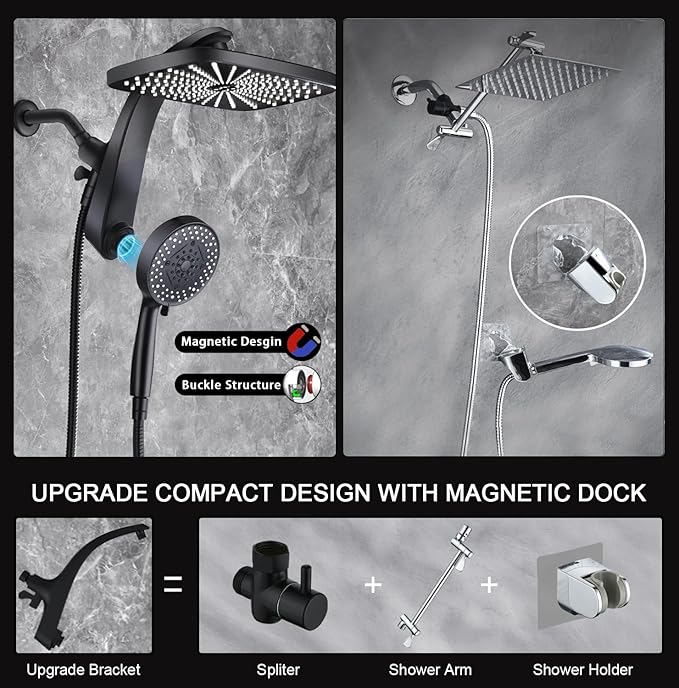 BOZYBO Rain Shower Head with Handheld: High Pressure Shower Heads with Handheld Spray Combo, 12" Rainfall Shower Head and 9 Sprays Hand Showerheads with Magnetic Docking and Power Jets, Black 1.8GPM
