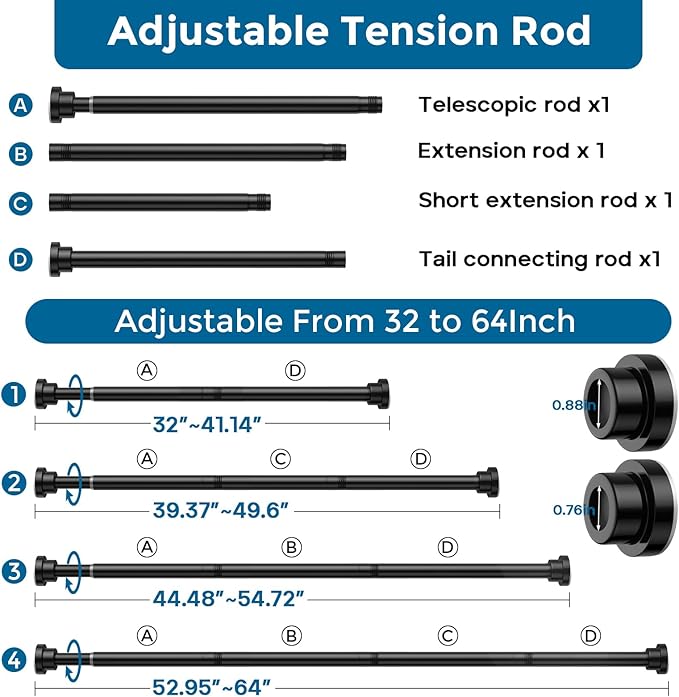 AIZESI Black Tension Curtain Rod 32-64 Inch Spring Loaded Curtain Rods No Drilling Spring Tension Rod Adjustable Curtain Rods for Window Doorway Bathroom Kitchen Closet, 7/8" Diameter