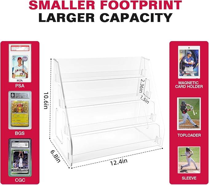 Trading Card Display Stand, Vertical Holder for Baseball Basketball Sports Graded Card Display Stand Tabletop for PSA BGS SGC Slabs, Snap-On Assembly(4 Tier, 1 Pack)