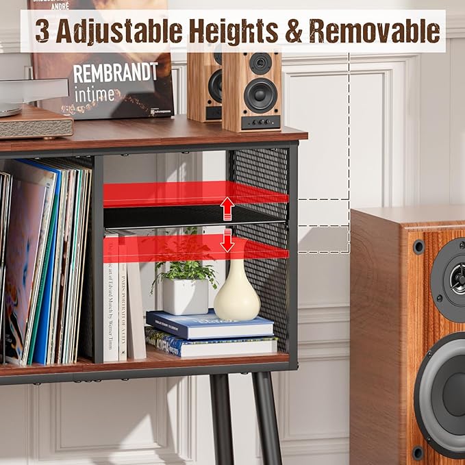 Record Player Stand with Adjustable Divider Vinyl Storage Holder Up to 200 Albums Mid-Century Large Record Player Table Vinyl Holder Turntable Stand End Table for Bedroom & Living Room, Patent Pending