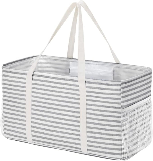Lifewit Extra Large Tote Bag, Reusable Grocery Bags with Metal Wire Frame and Handles, Standing Utility Foldable Shopping Bags for Storage, Picnics, Beach, Laundry, Car, 46L, 1 Pack, Gray