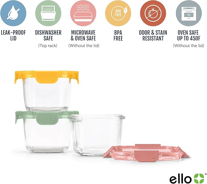 Ello Color Lock 8PC Mixed Glass Food Storage Sets, Leak-Proof Glass Food Storage Containers