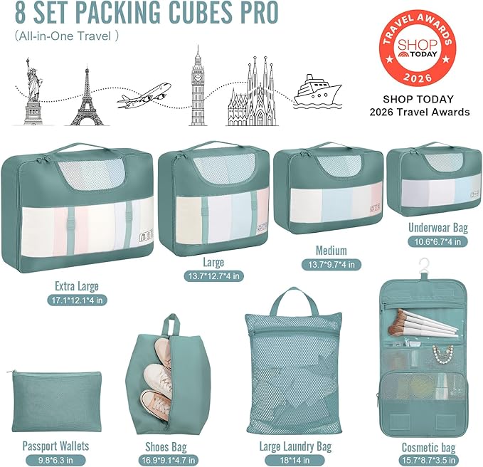 Veken 8 Set Packing Cubes for Travel Essentials, Suitcase Organizer Bags in 4 Sizes, Carry-On Luggage Accessories with Large Laundry & Shoes Bag, Must-Have for Airplane, Road Trip & Camping