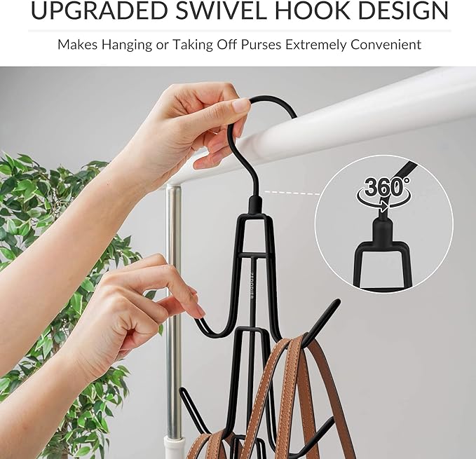 ZEDODIER 2 Pack Purse Organizer for Closet, Heavy-Duty Hanging Purse Hanger Closet Holds Up to 12 Purses, Metal Rotating Space Saving Bag Holder Handbag Storage Hook Backpack Rack, Black