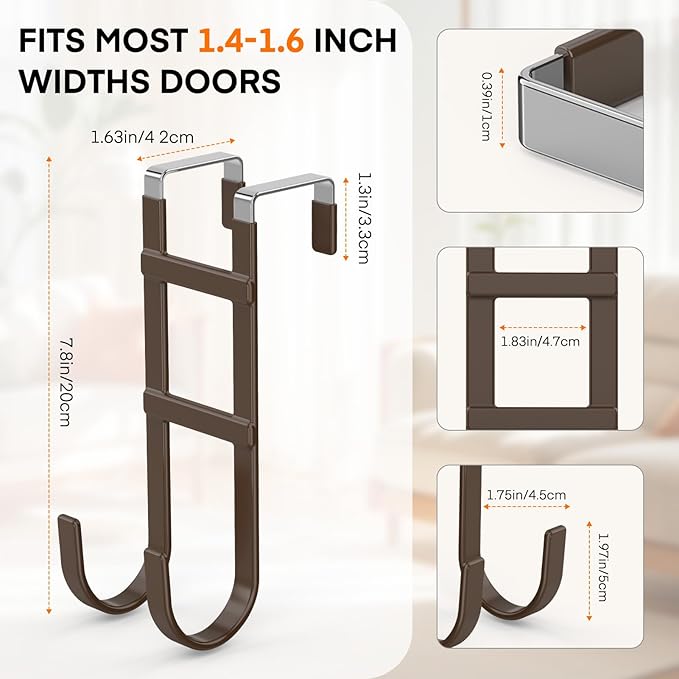 FYY Over The Door Hooks - 2 Pack Heavy Duty Double-Hanger Organizer for Bathroom Bedroom Dorm, Hanging Clothes Towels Hats Bags Ironing Board Wreath Robe - Fits Interior Doors Up to 1.6” Brown