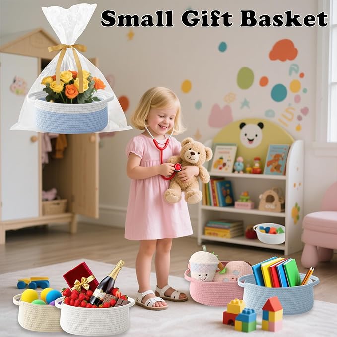 Small Woven Rope Basket-Empty Gifts Basket with Bag and Ribbons,Cute Handle Organizer Box for Birthday/Baby Shower, Toy Storage, Nursery Organizing & Shelf Decor(White&Blue)