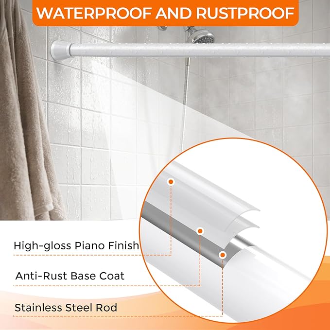 2Pack Tension Curtain Rod 28-48 Inch 7/8" Diameter, Adjustable No Drilling Rustproof White Spring Loaded Curtain Rods for Window, Doorway, Bathroom, Closet, Kitchen, Shower Stall