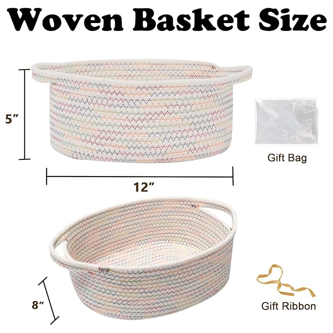 Small Woven Rope Basket-Empty Gifts Basket with Bag and Ribbons,Cute Handle Organizer Box for Birthday/Baby Shower, Toy Storage, Nursery Organizing & Shelf Decor(Colorful Thread)