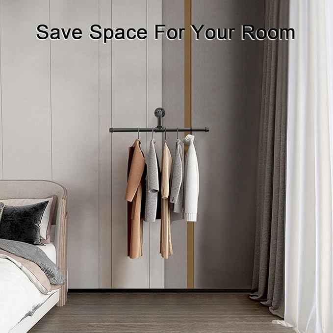 Industrial Pipe Clothes Rack Floating DIY Wall Mounted, Heavy Duty Rustic Vintage Clothing Rod, Metal Garment Bar Space-Saving Hanging for Bedroom, Bathroom and Laundry Room (Black 20 Inch)
