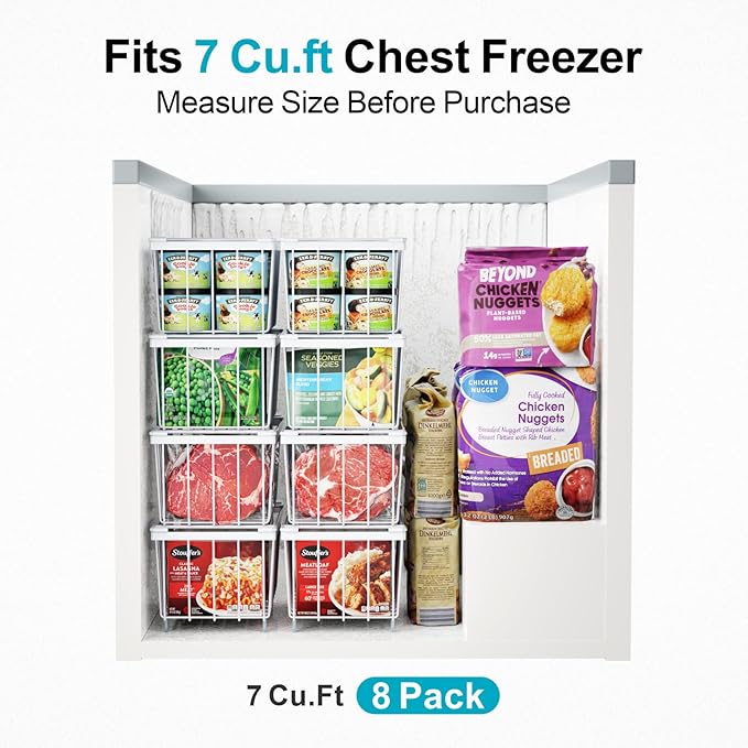 iSPECLE Freezer Organizer Bins - Fits 7 Cu.Ft Chest Freezer, 4 Pack Stackable Wire Baskets(14.7" Length), Heavy Duty Coated Deep Freezer Organizer, Rust Resistant for Frozen Food Sorting, White