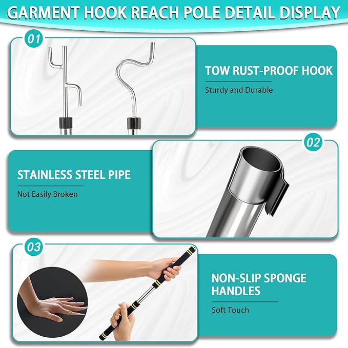 Clothes Hook Pole for Closet,32 to 80In Truck Cargo Recovery Bar Long Handle with 2 Hooks Hanging Birdfeeder and Wind Chime Stainless Steel Tube for Home Outdoor Decorate (Black Yellow)