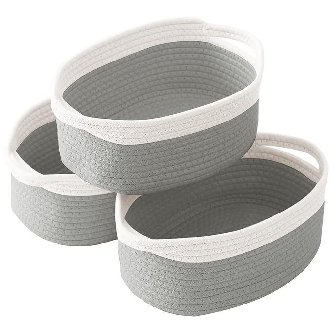 3 Pack Small Woven Rope Basket-Empty Gifts Basket with Bag and Ribbons,Cute Handle Organizer Box for Birthday/Baby Shower, Toy Storage, Nursery Organizing & Shelf Decor(White&Grey)