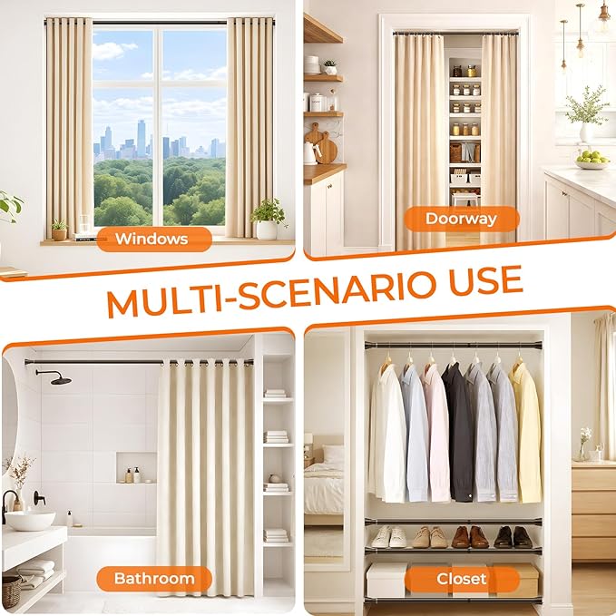 Tension Curtain Rod 28-48 Inch 7/8" Diameter, Adjustable No Drilling Rustproof Black Spring Loaded Curtain Rods for Window, Doorway, Bathroom, Closet, Kitchen, Shower Stall