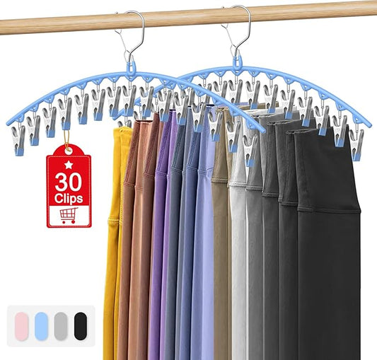 3 Pack Skirt Pants Hangers with Clips, Legging Organizer for Closet Hanging with 10 Cilps Holds 30 Leggings/Shorts/Jeans/Skirts Pants Hangers Space Saving Closet Organizers and Storage, Blue