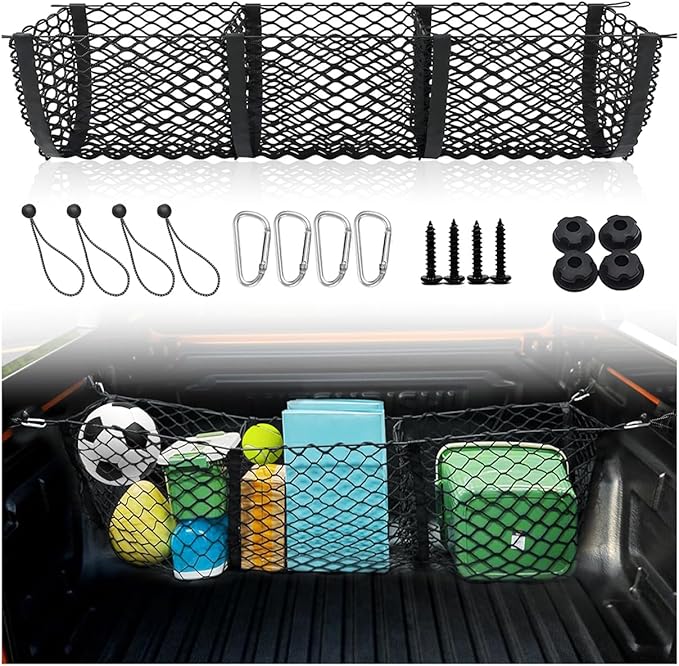 Upgraded 3 Pocket Truck Bed Cargo Net for Toyota Ford Dodge GMC Chevy Silverado, Universal Pickup Mesh Storage Net 47.2" x 11.8" Stretchable Elastic Truck Bed Grocery Holder Net with 4 Ball Bungees