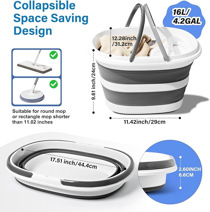 16L Collapsible Mop Bucket with Handles - Space Saving Foldable Silicone Tub for Cleaning, Laundry, Storage - Portable Wash Basin for Home & Car - 4.2 Gallon Compact Utility Bucket
