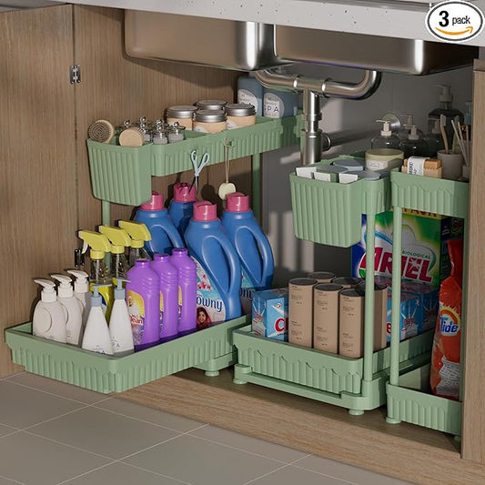 3 Pack Multi-Purpose Under Sink Organizers and Storage, 2026 L-Shaped Pull Out Cabinet Organizer for Bathroom & Kitchen, Under Cabinet Organizer with Hooks Hanging Cup, Green, 14.85 inch