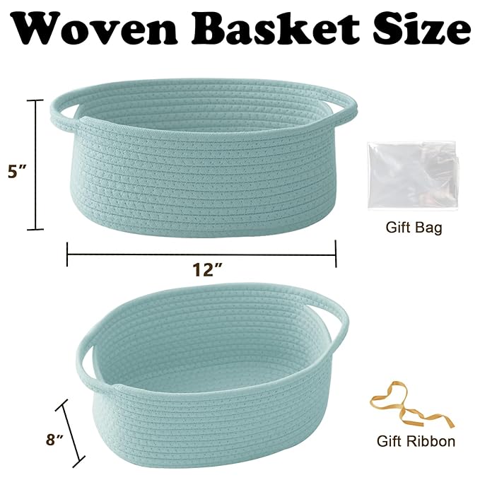Small Woven Rope Basket-Empty Gifts Basket with Bag and Ribbons,Cute Handle Organizer Box for Birthday/Baby Shower, Toy Storage, Nursery Organizing & Shelf Decor(Aqua)