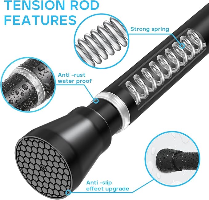 2 Pack Black Shower Curtain Rod 45 to 77 Inch,Shower Rods for Bathroom,Spring Tension Curtain Rod No Drilling for Windows Doors Closet Kitchen Wardrobe
