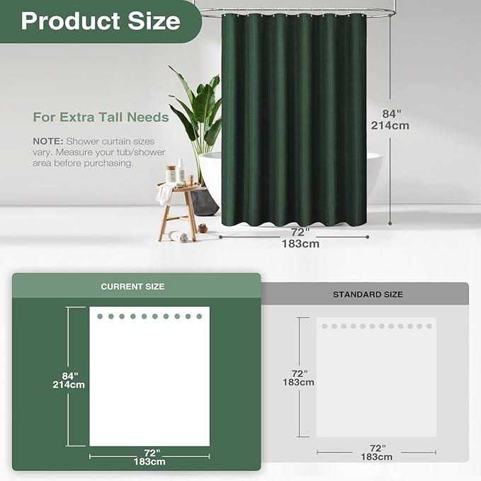 Dynamene Extra Long Shower Curtain - 84 Inch Long Waffle Weave Heavy Duty Fabric Bathroom Shower Curtain, Neutral Weighted Hotel Thick Bath Curtain Set with 12 Plastic Hooks,72x84, Dark Green