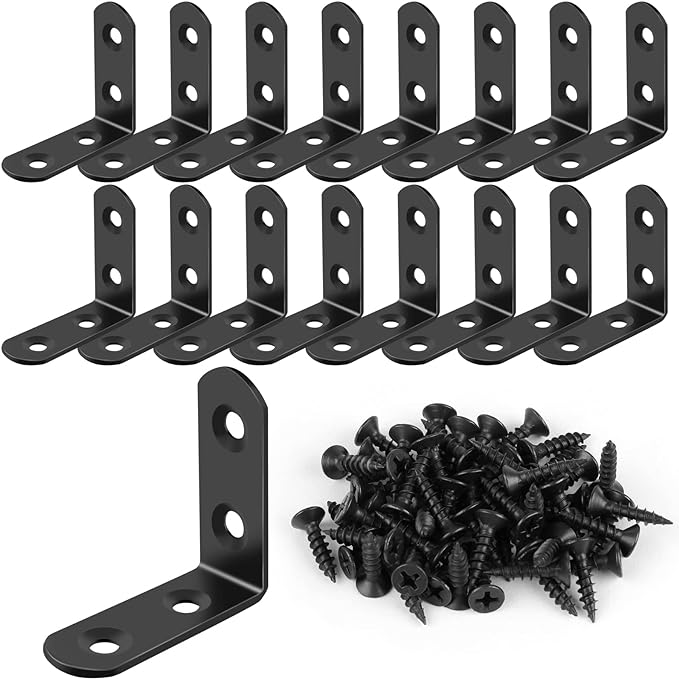 16 Pcs L Bracket Stainless Steel Corner Brace Sets, 90 Degree Right Angle Bracket with 64 Pcs Screws, L Bracket Firmware Can Be Used for Wooden Shelves, Chairs, Tables, Dressers, Furniture (Black)