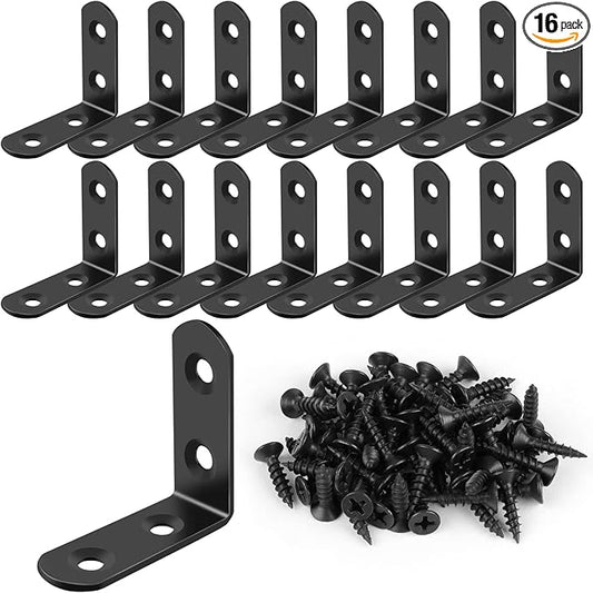 16 Pcs L Bracket Stainless Steel Corner Brace Sets, 90 Degree Right Angle Bracket with 64 Pcs Screws, L Bracket Firmware Can Be Used for Wooden Shelves, Chairs, Tables, Dressers, Furniture (Black)