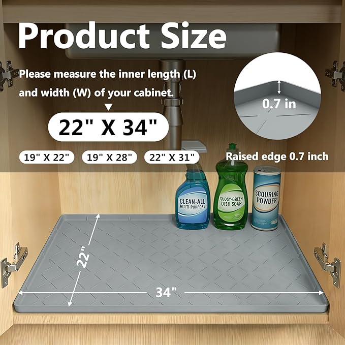 Mateeylife Under Sink Mats for Kitchen Waterproof 34"X22", Undersink Protectors，Silicone Mat Cabinet Liner, Under Sink Organizer for Bathroom and Kitchen，Boot Tray Pet Food Mat, Light Grey