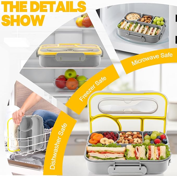 Bento Box for Adults,4 Compartments Lunch Box, Snack Containers Reusable Lunch Containers Drop-Proof, Dishwasher Safe & Made with BPA-Free Materials, Grey