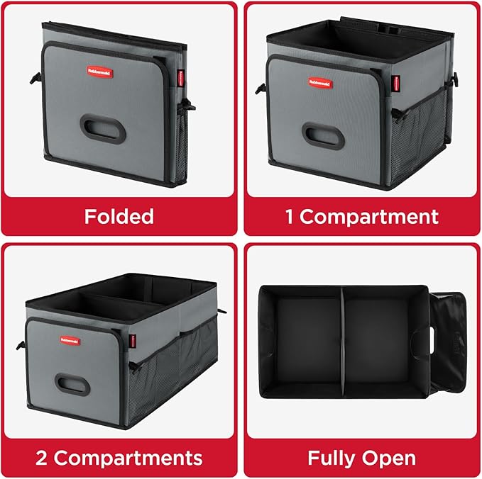 Rubbermaid Car Organizer, Collapsible Trunk Organizer, Multi-Compartment Car Storage Organization for Car Accessories, 2 Compartments-Gray