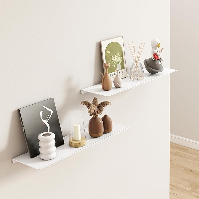 MKO 16" Floating Shelves for Wall, Metal Wall Mounted Shelf for Bathroom, Bedroom, Living Room, Kitchen, Hanging Shelves for Books/Storage/Room Decor 2 Packs, White