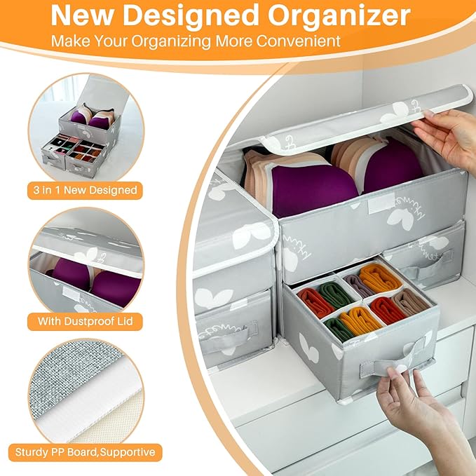 EASEVE 2 Pack Sock Underwear Drawer Organizer Divider - Closet Organizers and Storage Dresser Organizer Wardrobe Clothes Box Storage Bins with Lid for Bra, Socks, Leggings, Shirt, Panty (Grey)