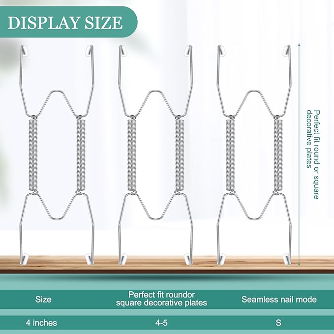 Hotop 12 Pieces Plate Hangers for Wall Stainless Steel Wire Invisible Plate Hangers Heavy Duty Display Holders with 12 Pieces Hooks for Wall Decoration(4-5 Inch,Silver)