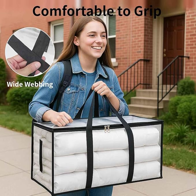 16 Pack-Extra Large Heavy Duty Moving Bags - Waterproof Storage Totes with Handles & Zippers, Foldable for College Dorm, Storage (Clear)