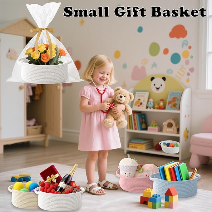2 Pack Small Woven Rope Basket-Empty Gifts Basket with Bag and Ribbons,Cute Handle Organizer Box for Birthday/Baby Shower, Toy Storage, Nursery Organizing & Shelf Decor(White)