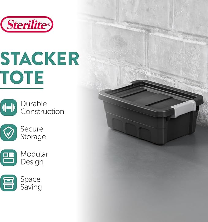 Sterilite 24-Pack Plastic Storage Bins with Lids, Stackable Containers, 4 Gallon, Black