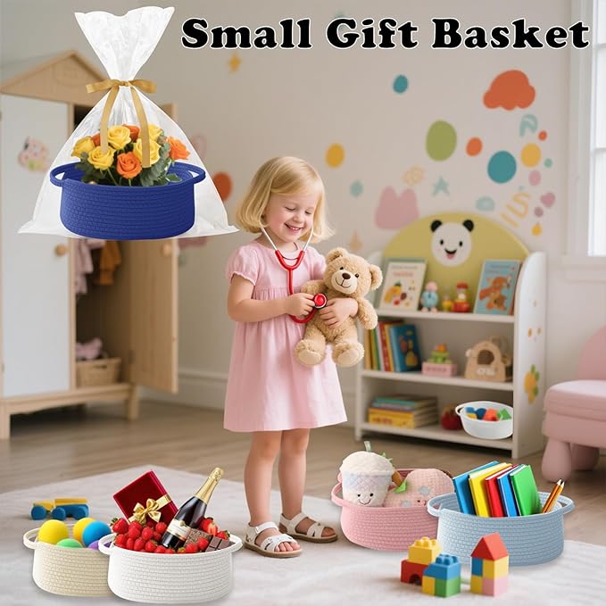 Small Woven Rope Basket-Empty Gifts Basket with Bag and Ribbons,Cute Handle Organizer Box for Birthday/Baby Shower, Toy Storage, Nursery Organizing & Shelf Decor(Royal Blue)