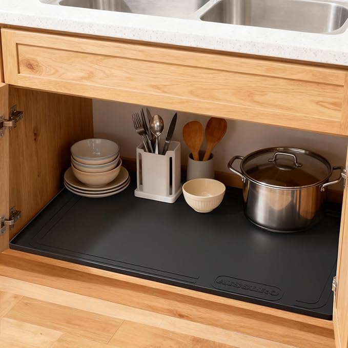 Aisslro Under Sink Mat 34" X 22", Waterproof Silicone Under Sink Mats for Kitchen, Anti-Leak Shelf Liner & Cabinet Protector with Raised Edge, [BPA Free] Bathroom Tray Home Organizer, Black