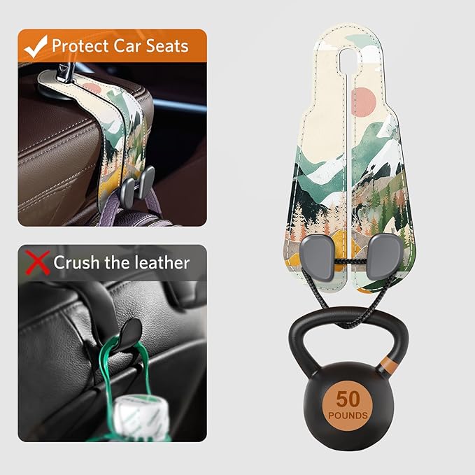 CoBak Purse Hook for Car - Universal Premium Stitched Leather and Aluminum-Magnesium Alloy Double Car Seat Back Storage Hook for Purses, Handbags, Bags (2 Pack),Mountain Calm