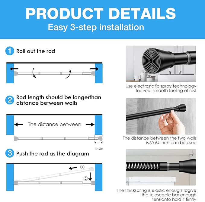 1 Pack Spring Tension Rods 30-64 Inches, 7/8 Inch Diameter Black No Drill Spring Loaded Adjustable Extendable, Small Short Tension Curtain Rod for Windows Kitchen Doorway Closet Cupboard