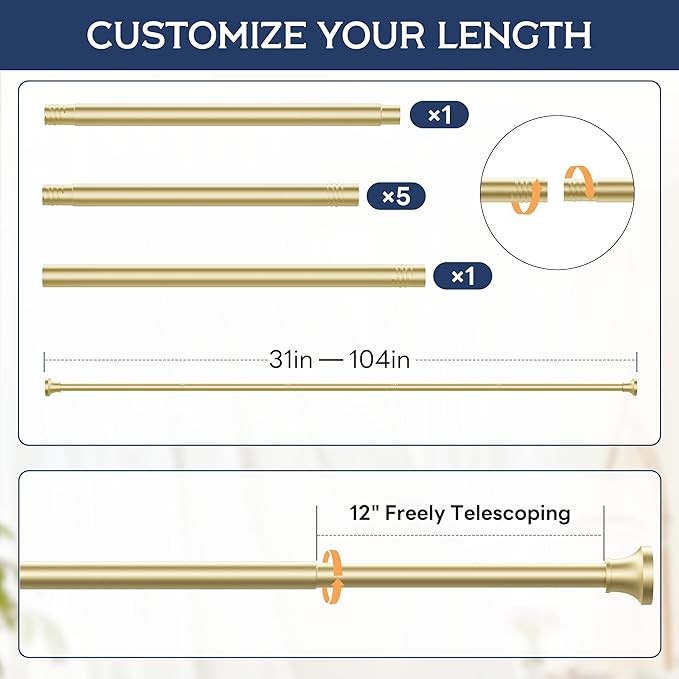 Adjustable Shower Curtain Rod 31-104 Inch, Never Rust Stainless Steel Gold Tension Rod, 1" Heavy Duty No-Drill for Bathroom, Kitchen & Closet