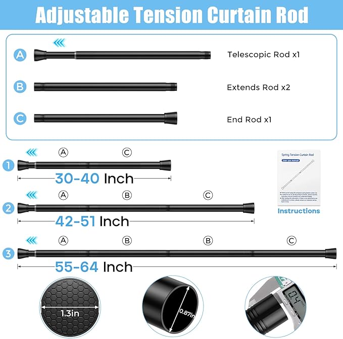 AIZESI 2PCS Black Shower Curtain Rod 30-64 Inch Adjustable Curtain Rods Never Rust & Non-Slip, No Drilling, Short Shower Rods Spring Tension Curtain Rod for Window Bathroom Doorway Closet