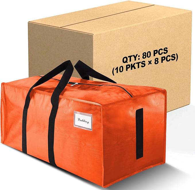 80 Pack Large Strong Moving Bags with Zippers & Carrying Handles - Water-Resistant - Heavy Duty Storage Tote for Space Saving, Fold Flat, Alternative to Moving Box (Orange)