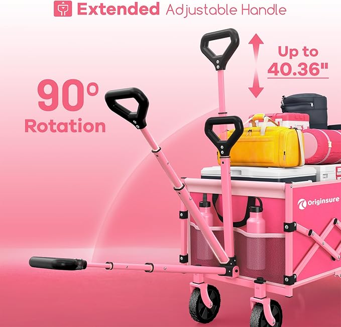 Originsure Collapsible Wagon Cart Foldable - Lightweight Portable Heavy Duty Folding Beach Wagons with Wheels - Outdoor Utility Carts for Grocery, Camping, Shopping with Large Capacity - Pink