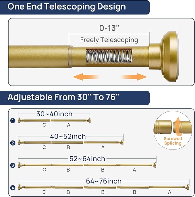 ENJOYBASICS Gold Shower Curtain Rod 30 to 76 Inches, 1 Inch Stainless Steel Adjustable Spring Tension Rods No Drill for Bathroom, Closet, Window, Room Divider, Never Rust, Non Slip