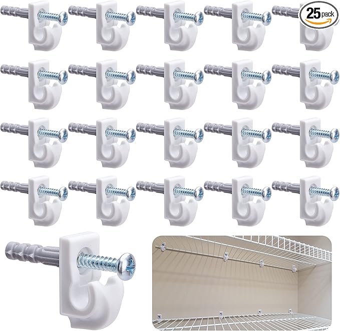 Sfcddtlg 25 Pcs White Down Wall Clips - Wire Shelf Brackets Loop Clips - Closet Maid Support Brackets - Plastic Shelves With Screws and Expansion Tubes for Wire Shelving