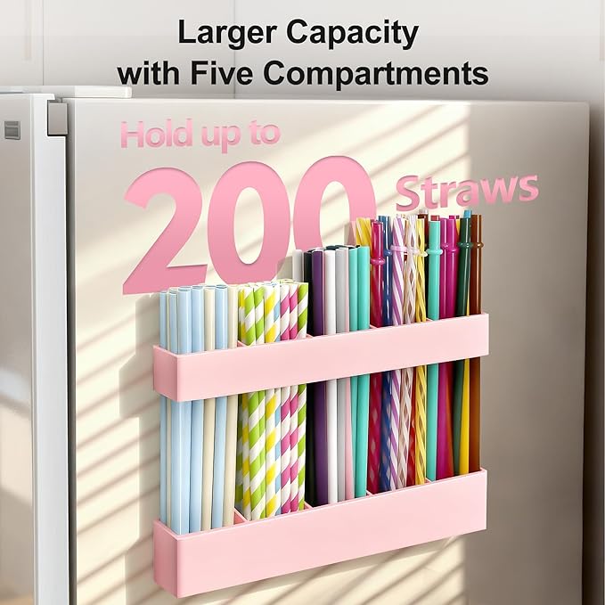 9.5” Large Acrylic Straw Holder for Cabinet Door, Reusable Adjustable Two-Part Straws Organizer with Ultra Sticky Adhesive Strips, 2026 Straw Storage for Kitchen Cupboard(Rose Stone)